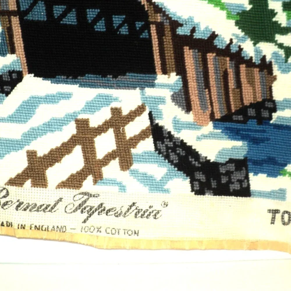 Covered Bridge Needlepoint Completed Picture T00516 Bernat Tapestria England Vtg